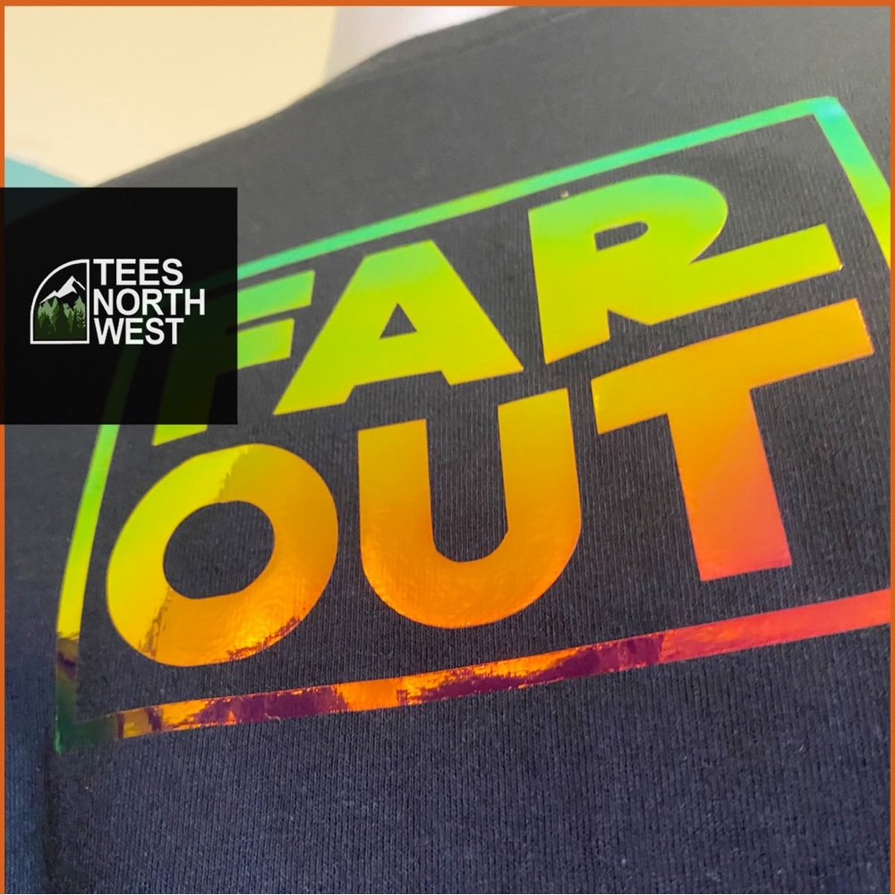 NEW Far Out T-Shirt Holographic Psychedelic Tee Black